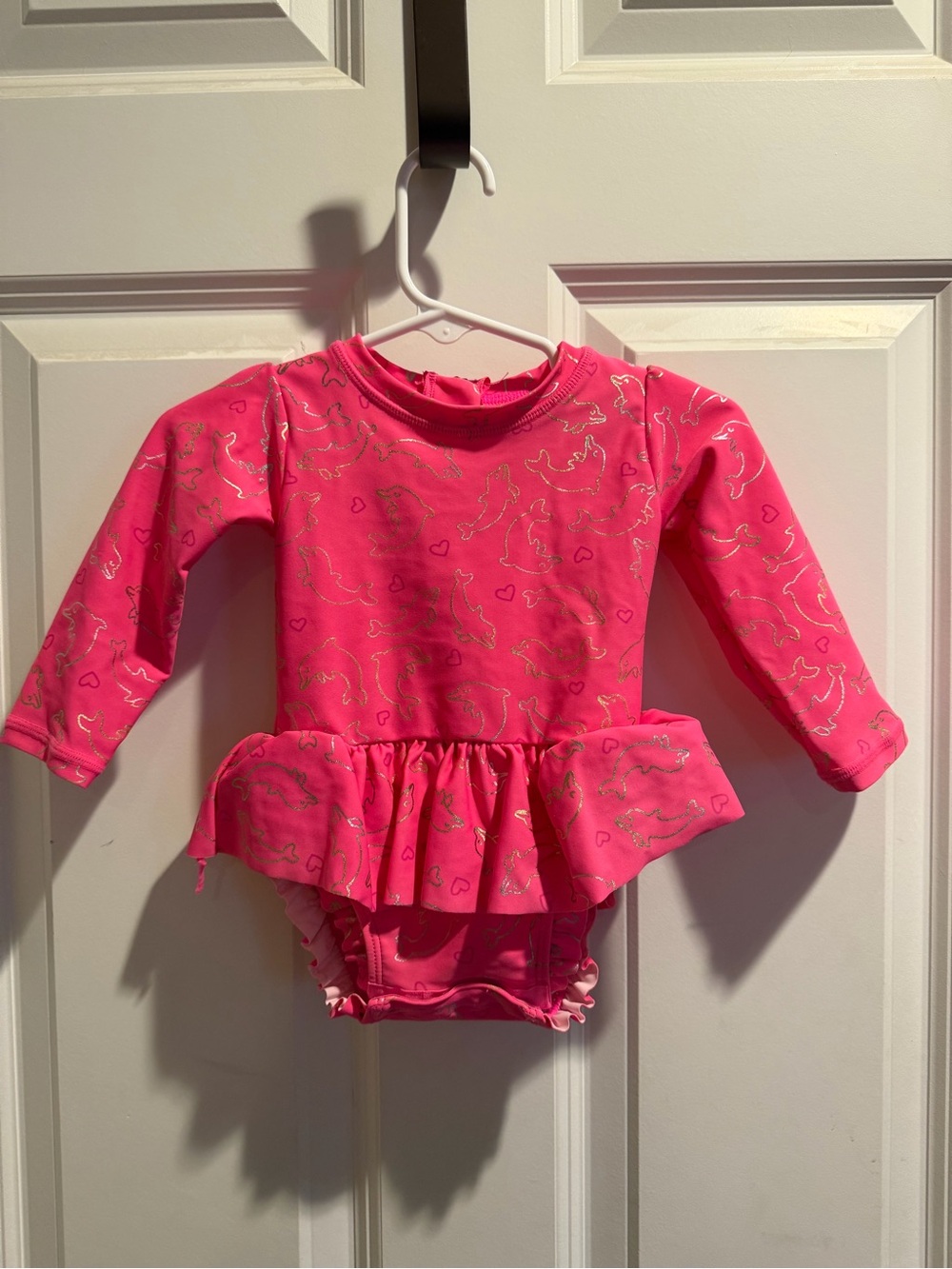 Girls' Long-Sleeve One-Piece Swimsuit in Bright Pink with Peplum